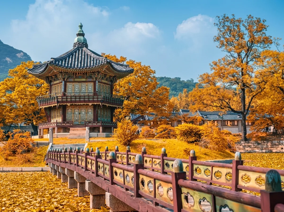 A pavilion, bridge and autumn foliage in a Chinese garden