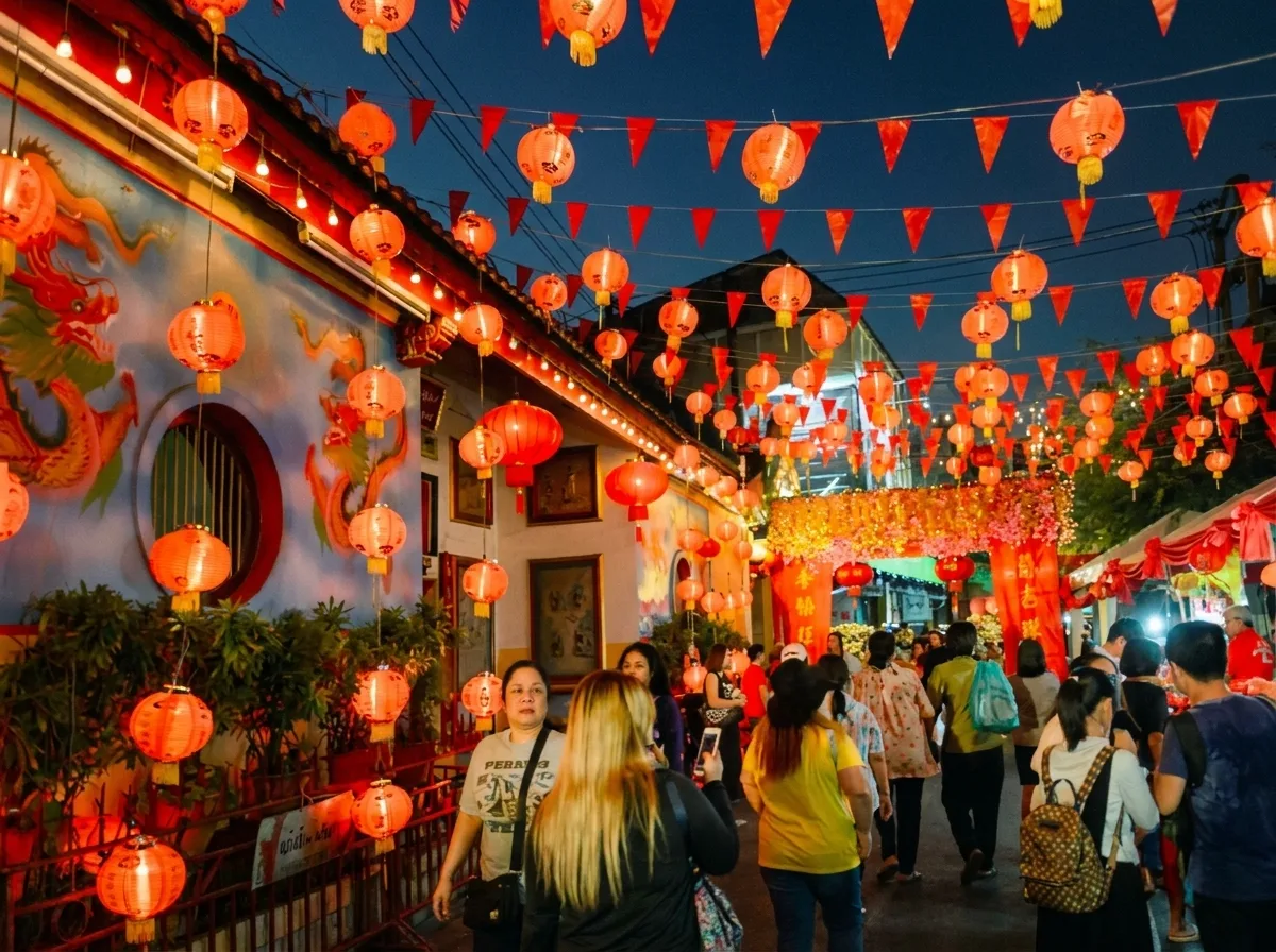 Visitors walking beneath red lanterns on a lively evening street
