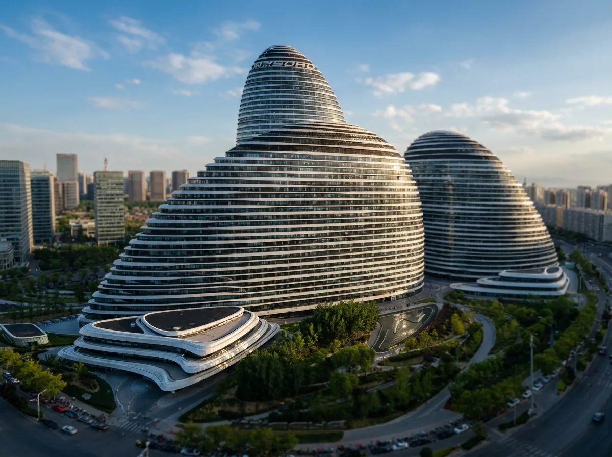 Curved modern buildings surrounded by roads and green spaces