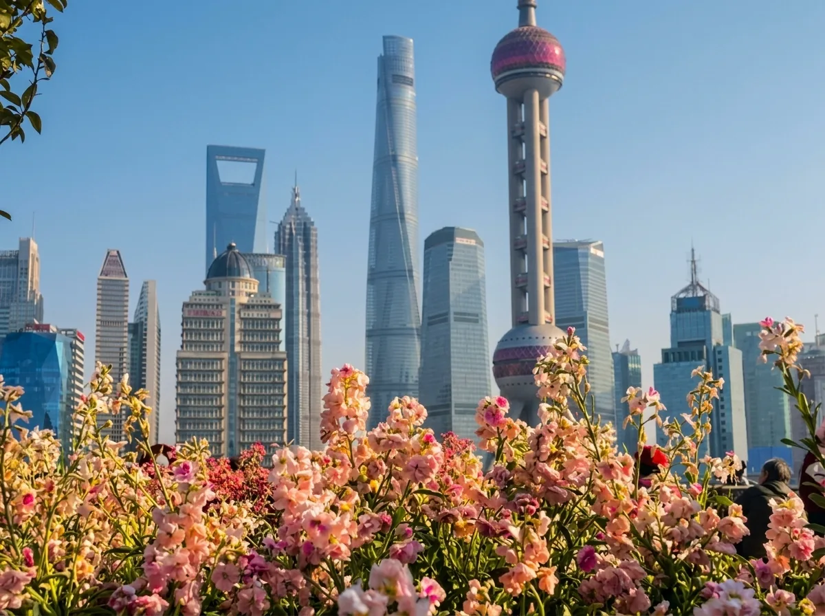 Spring flowers in front of Shanghai’s skyline