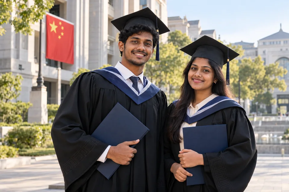 Representative portrait of a Sri Lankan man and woman in graduation gowns on a campus in China